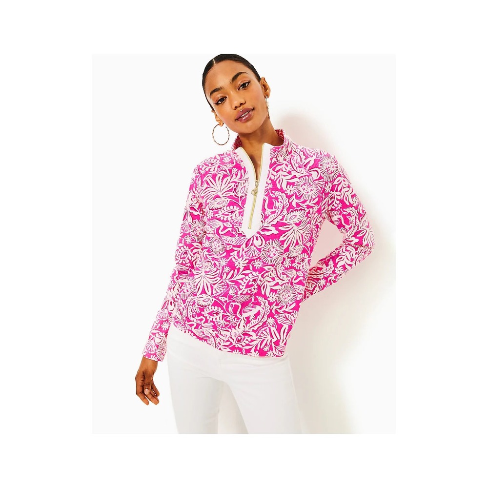 Lilly Pulitzer ASHLEE Popover XS Pink White Skipper Floral Quarter Zip‎ 018366